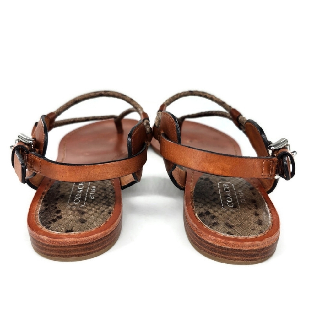 Coach Coco Tan Leather & Python Snake Print T-Strap Slingback Flat Thong Sandals - Picture 9 of 13